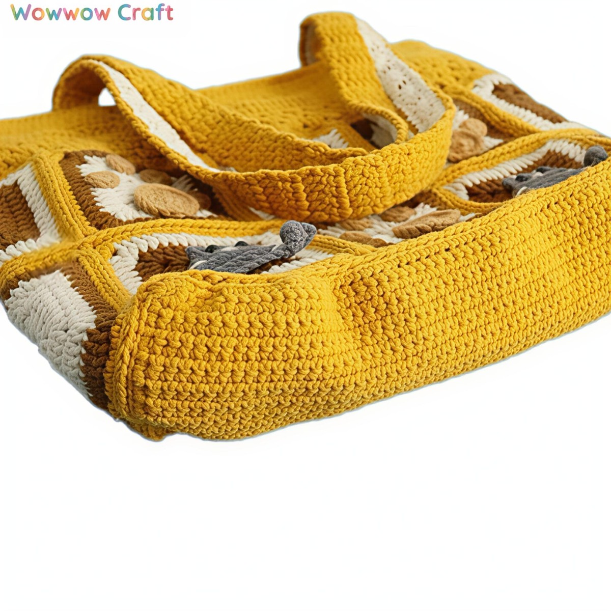 Shoulder Bags,Totes,Crochet Bags,Dark Yellow Flowers Embroidery Granny Square Tote crocheted with Snow Fairy Yarn - High quality handmade crocheted shoulder bag